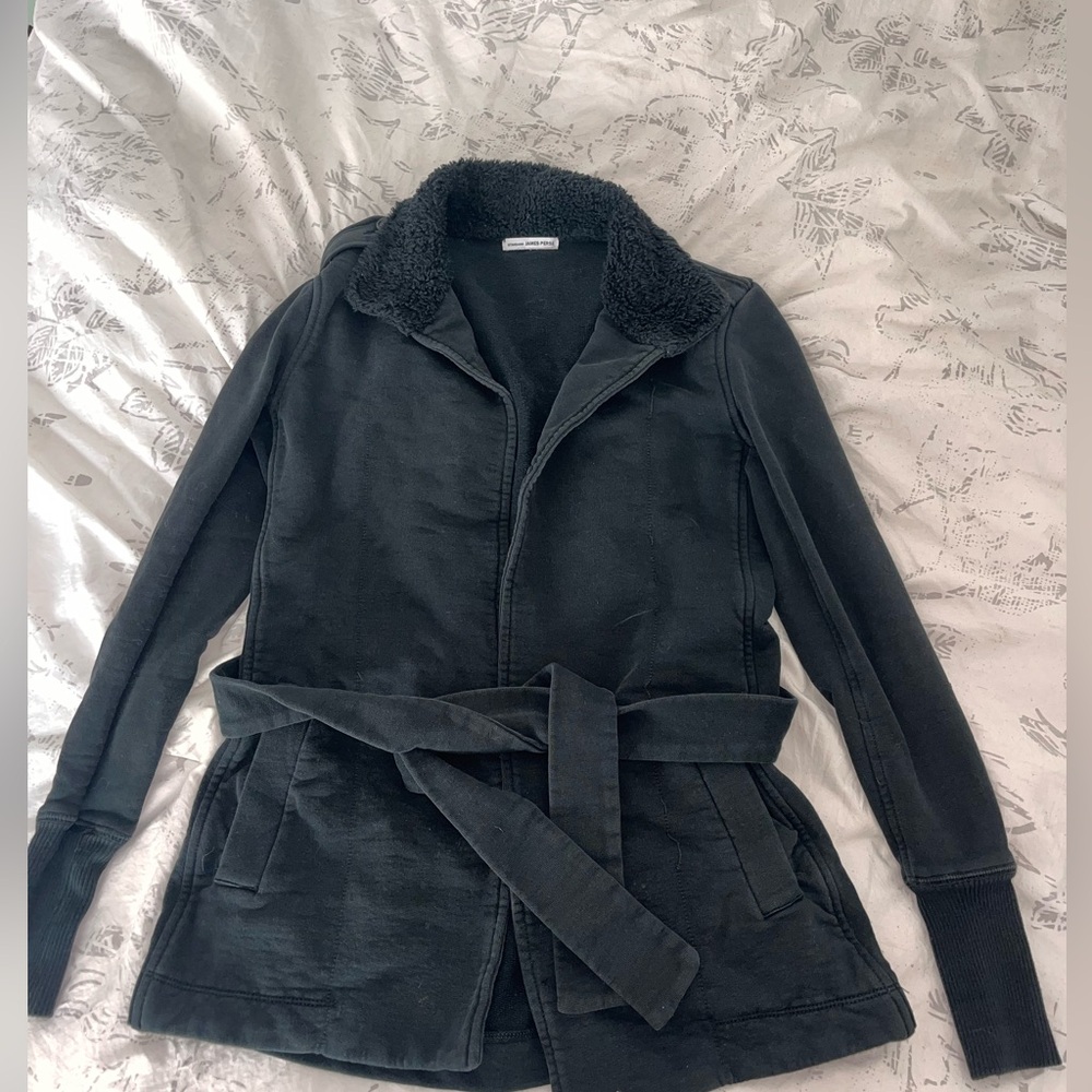Designer James Perse black cardigan with fur lined neckline